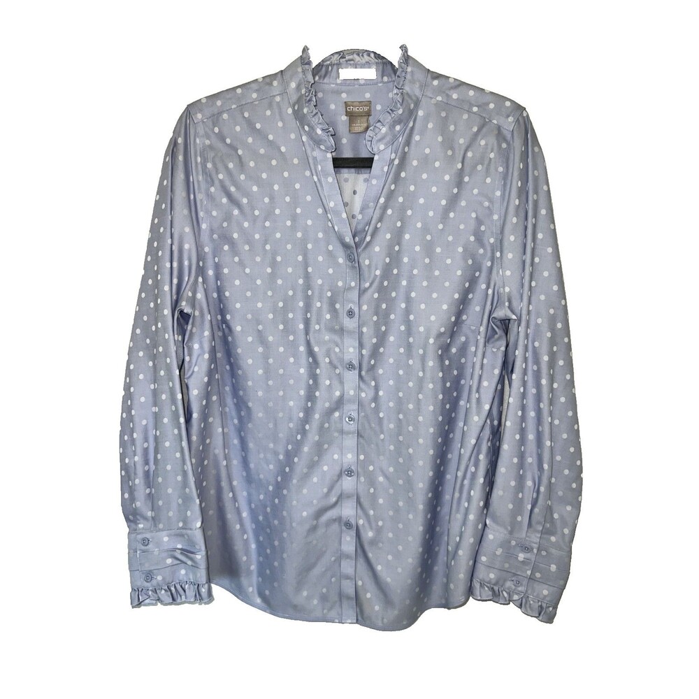 Chicos Blue Ruffle Trim Polka dot No Iron Button Shirt Size 1 US(8-10) Casual